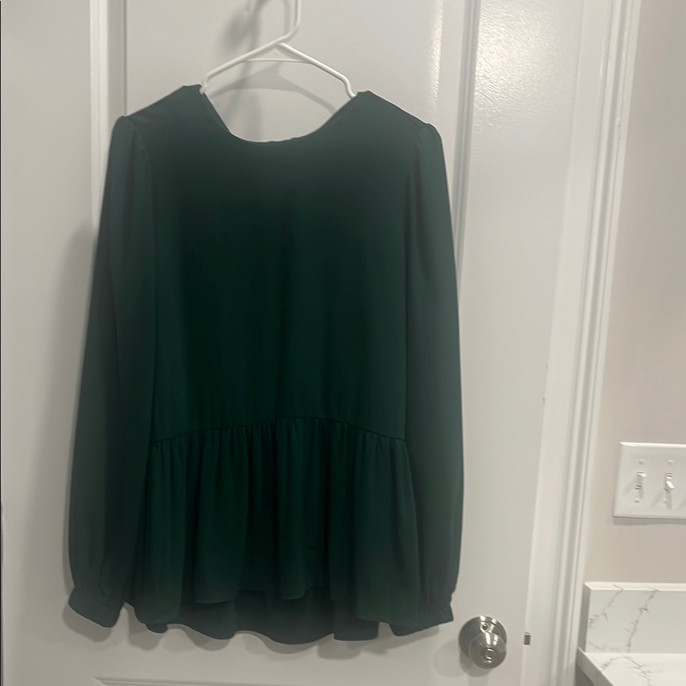 Pomander Place Green Peplum Long Sleeve Blouse